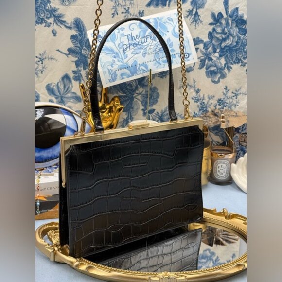 🆕 OROTON 🧿 NWOT Black Icon Frame Croco Clutch - Picture 3 of 16